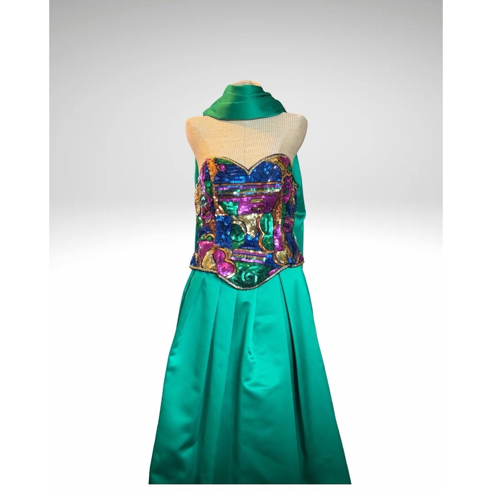 VTG 80s 90s Lillie Rubin Sequin Corset Skirt Set Gown Formal Green Mardi Gras 12